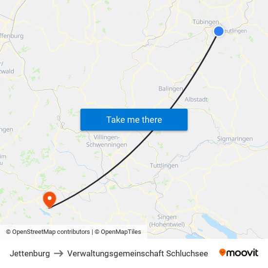 Jettenburg to Verwaltungsgemeinschaft Schluchsee map
