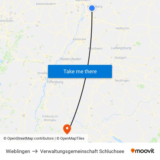 Wieblingen to Verwaltungsgemeinschaft Schluchsee map