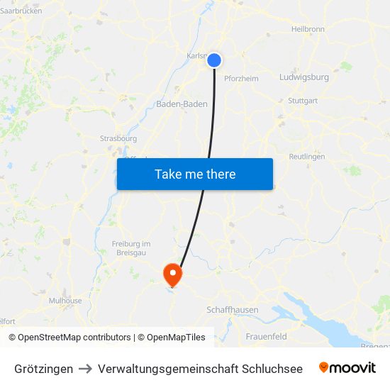 Grötzingen to Verwaltungsgemeinschaft Schluchsee map