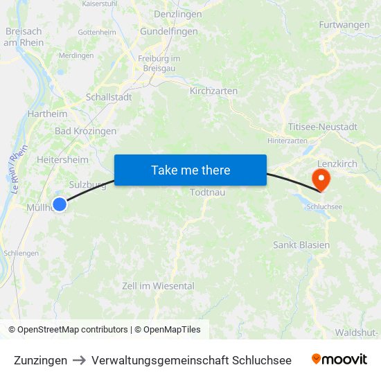 Zunzingen to Verwaltungsgemeinschaft Schluchsee map