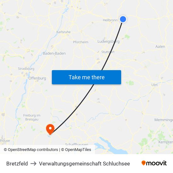 Bretzfeld to Verwaltungsgemeinschaft Schluchsee map