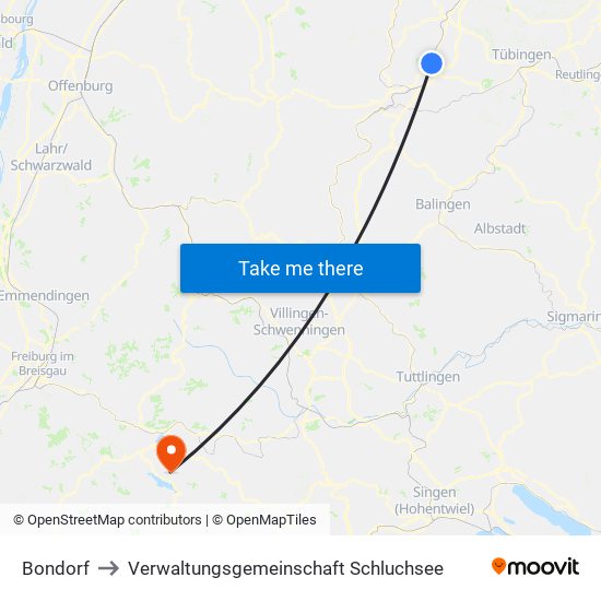 Bondorf to Verwaltungsgemeinschaft Schluchsee map