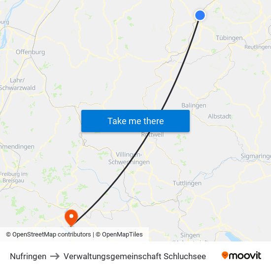 Nufringen to Verwaltungsgemeinschaft Schluchsee map