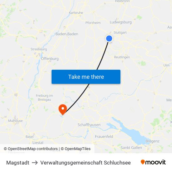 Magstadt to Verwaltungsgemeinschaft Schluchsee map