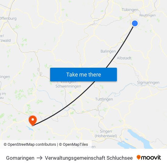 Gomaringen to Verwaltungsgemeinschaft Schluchsee map