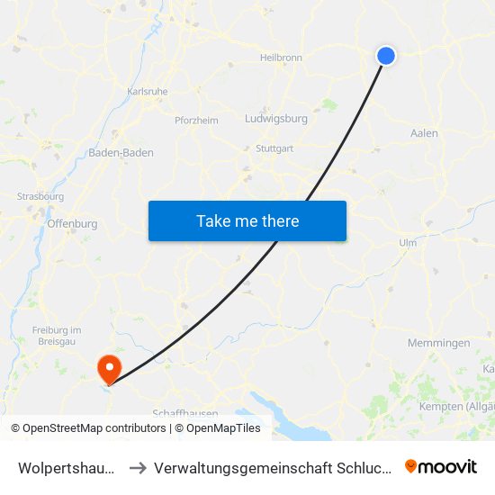 Wolpertshausen to Verwaltungsgemeinschaft Schluchsee map