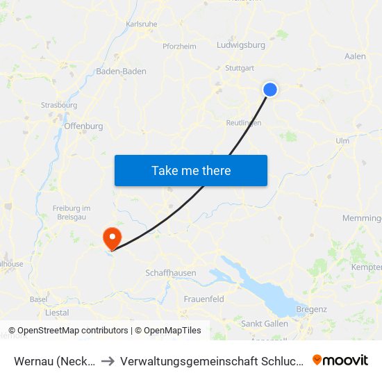 Wernau (Neckar) to Verwaltungsgemeinschaft Schluchsee map