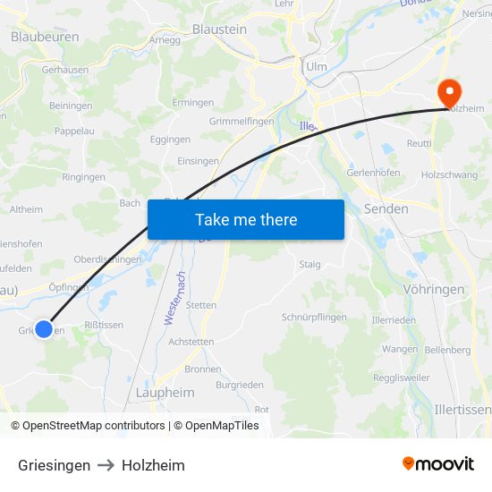 Griesingen to Holzheim map