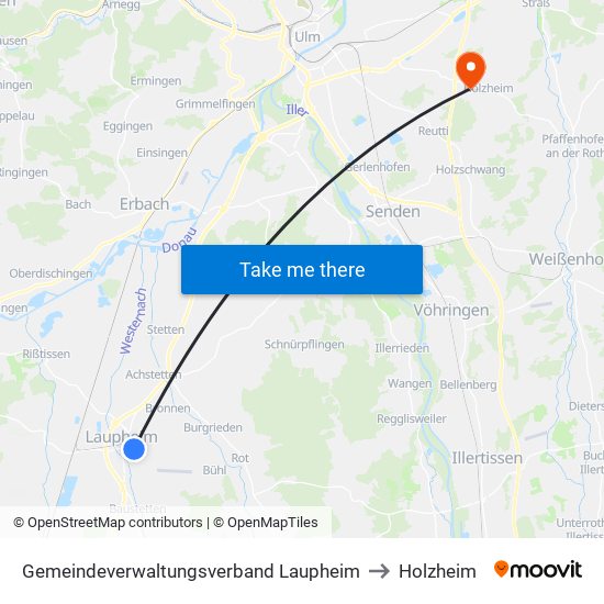 Gemeindeverwaltungsverband Laupheim to Holzheim map