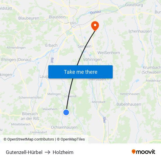 Gutenzell-Hürbel to Holzheim map