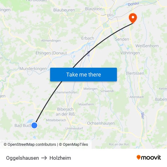 Oggelshausen to Holzheim map