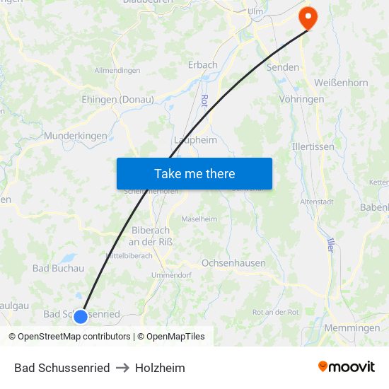 Bad Schussenried to Holzheim map