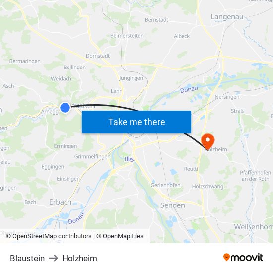 Blaustein to Holzheim map