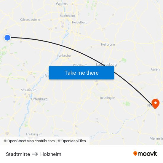 Stadtmitte to Holzheim map