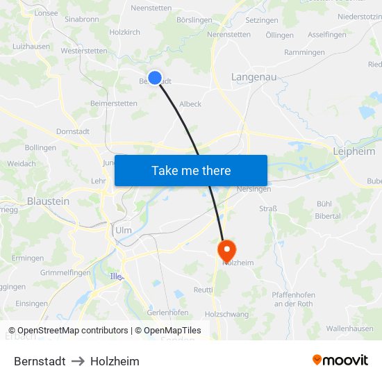 Bernstadt to Holzheim map