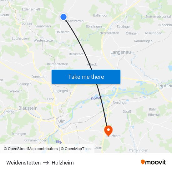 Weidenstetten to Holzheim map