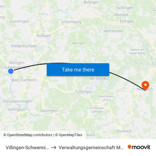 Villingen-Schwenningen to Verwaltungsgemeinschaft Meßkirch map