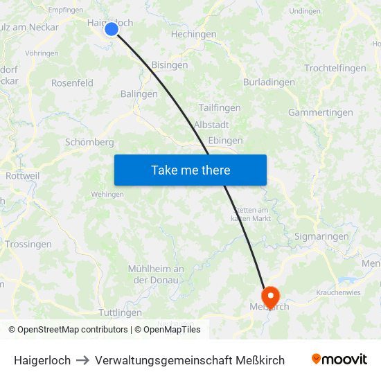 Haigerloch to Verwaltungsgemeinschaft Meßkirch map