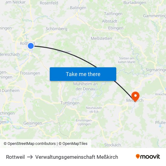 Rottweil to Verwaltungsgemeinschaft Meßkirch map