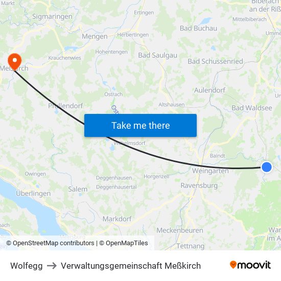 Wolfegg to Verwaltungsgemeinschaft Meßkirch map