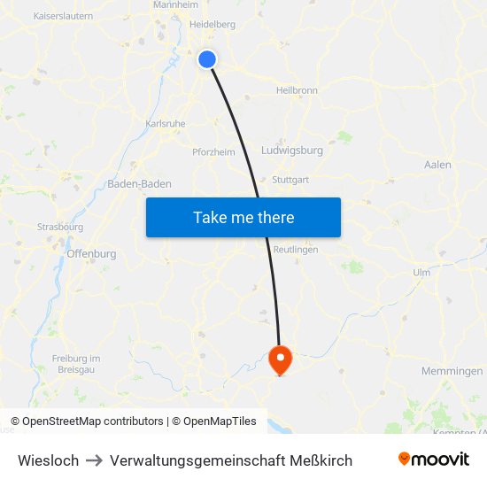 Wiesloch to Verwaltungsgemeinschaft Meßkirch map