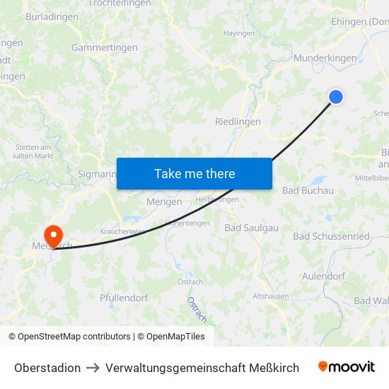 Oberstadion to Verwaltungsgemeinschaft Meßkirch map