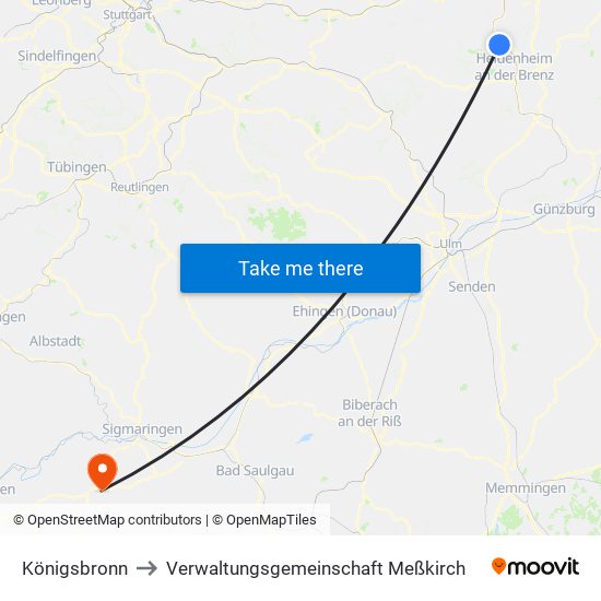 Königsbronn to Verwaltungsgemeinschaft Meßkirch map