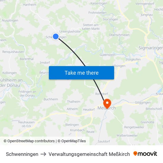 Schwenningen to Verwaltungsgemeinschaft Meßkirch map