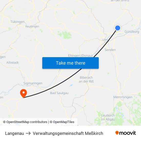 Langenau to Verwaltungsgemeinschaft Meßkirch map