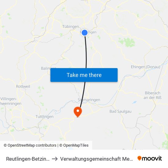 Reutlingen-Betzingen to Verwaltungsgemeinschaft Meßkirch map