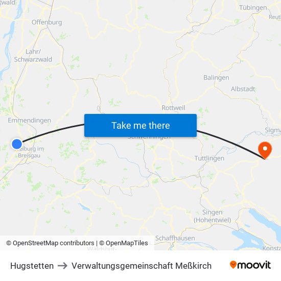 Hugstetten to Verwaltungsgemeinschaft Meßkirch map