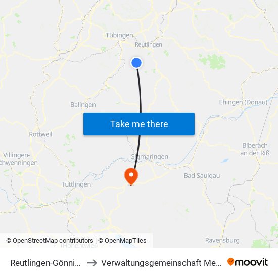 Reutlingen-Gönningen to Verwaltungsgemeinschaft Meßkirch map