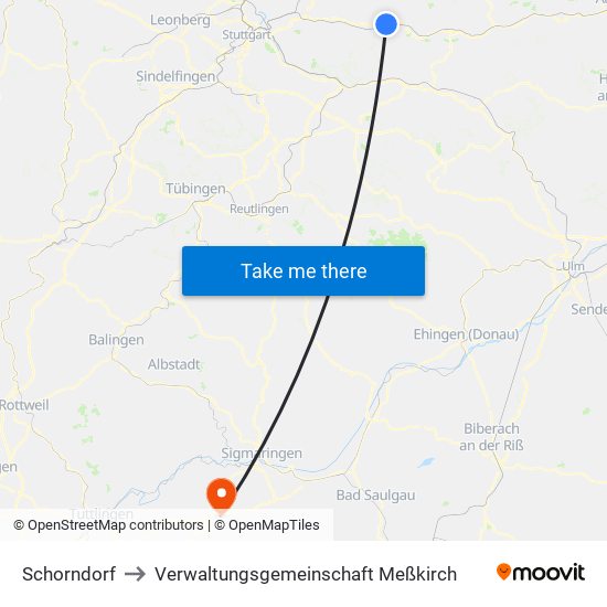 Schorndorf to Verwaltungsgemeinschaft Meßkirch map