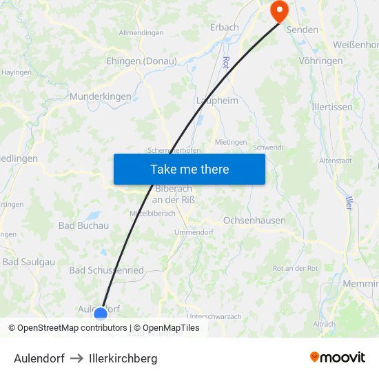 Aulendorf to Illerkirchberg map