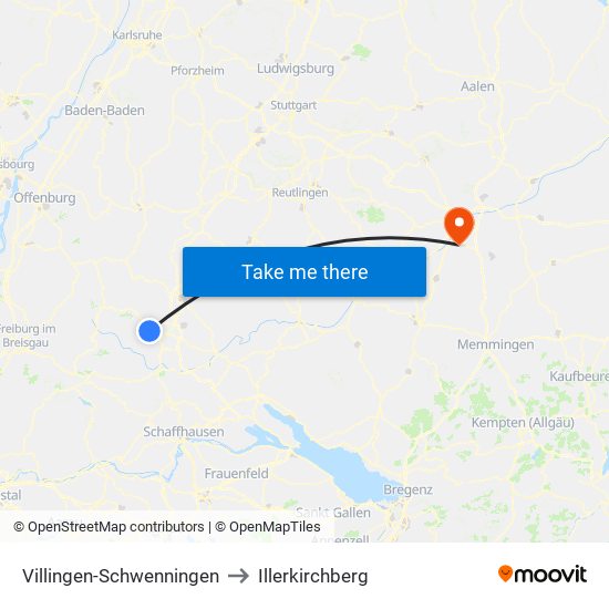 Villingen-Schwenningen to Illerkirchberg map