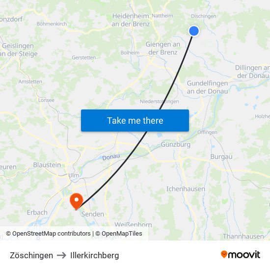 Zöschingen to Illerkirchberg map