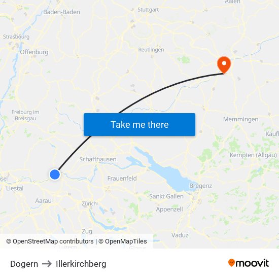 Dogern to Illerkirchberg map