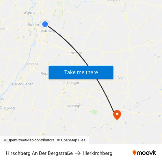 Hirschberg An Der Bergstraße to Illerkirchberg map