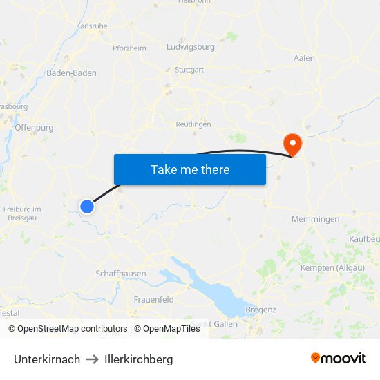 Unterkirnach to Illerkirchberg map
