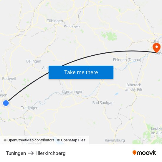 Tuningen to Illerkirchberg map