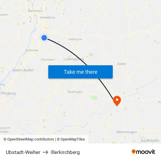 Ubstadt-Weiher to Illerkirchberg map