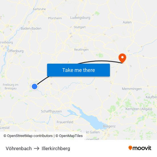 Vöhrenbach to Illerkirchberg map