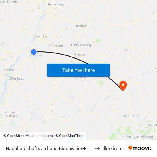 Nachbarschaftsverband Bischweier-Kuppenheim to Illerkirchberg map