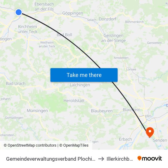 Gemeindeverwaltungsverband Plochingen to Illerkirchberg map