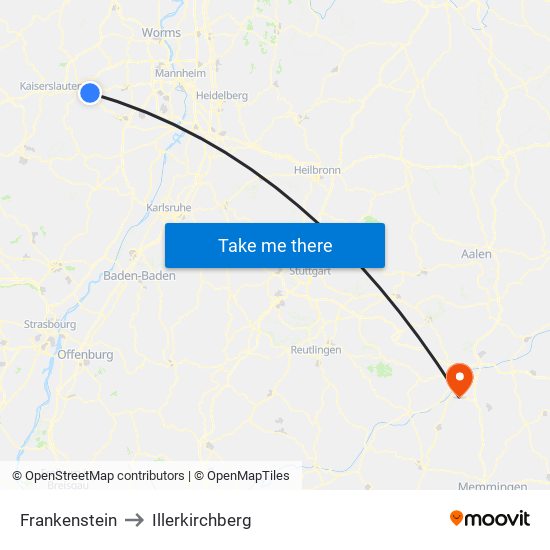 Frankenstein to Illerkirchberg map