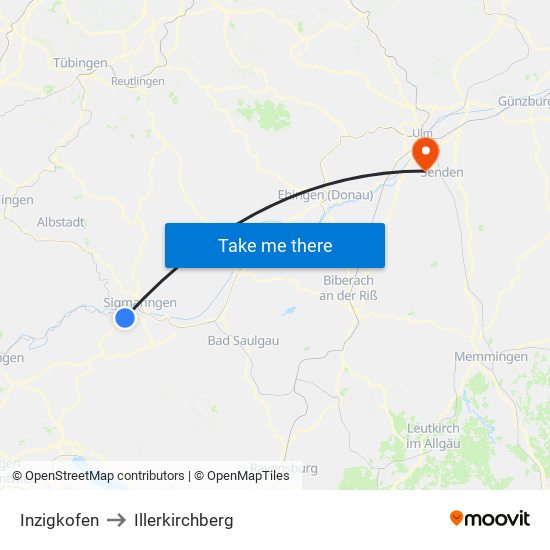 Inzigkofen to Illerkirchberg map