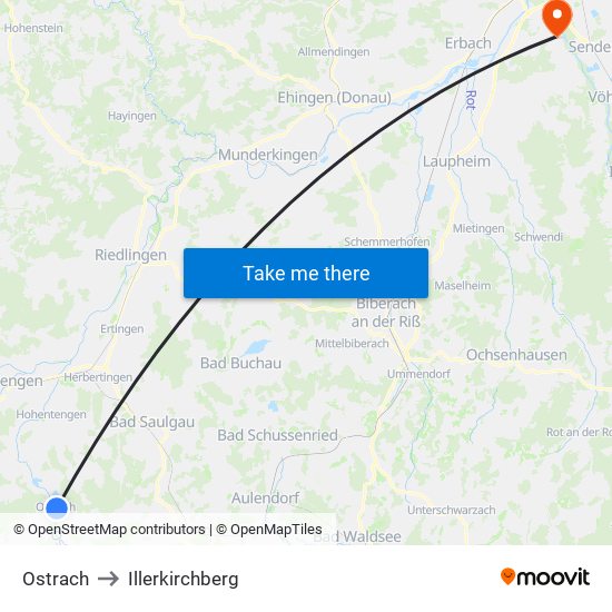 Ostrach to Illerkirchberg map