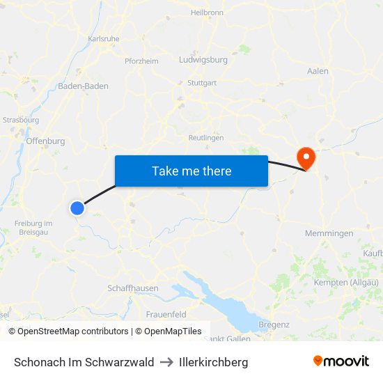 Schonach Im Schwarzwald to Illerkirchberg map