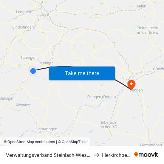 Verwaltungsverband Steinlach-Wiesaz to Illerkirchberg map