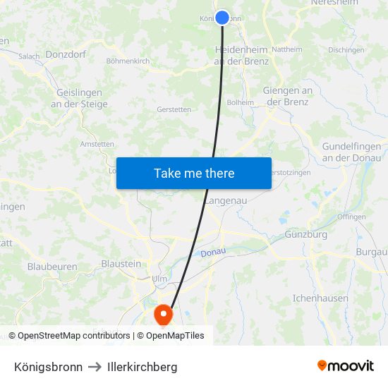 Königsbronn to Illerkirchberg map